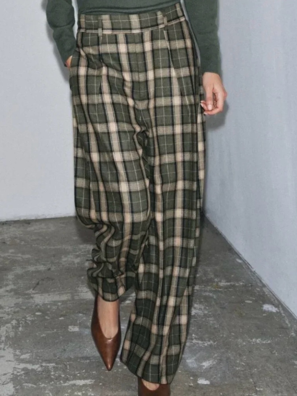 NWOT Zara Collection Plaid Wide-Leg Trousers in Olive & Cream